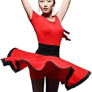 NWT Latin Tango Rumba Dance Sz Small red / black ruffle shouldered dress